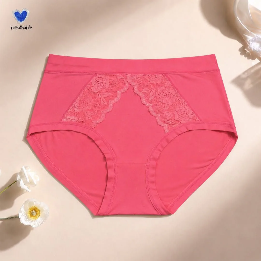 Breathable Cotton Lace Panel High-Waist Panty